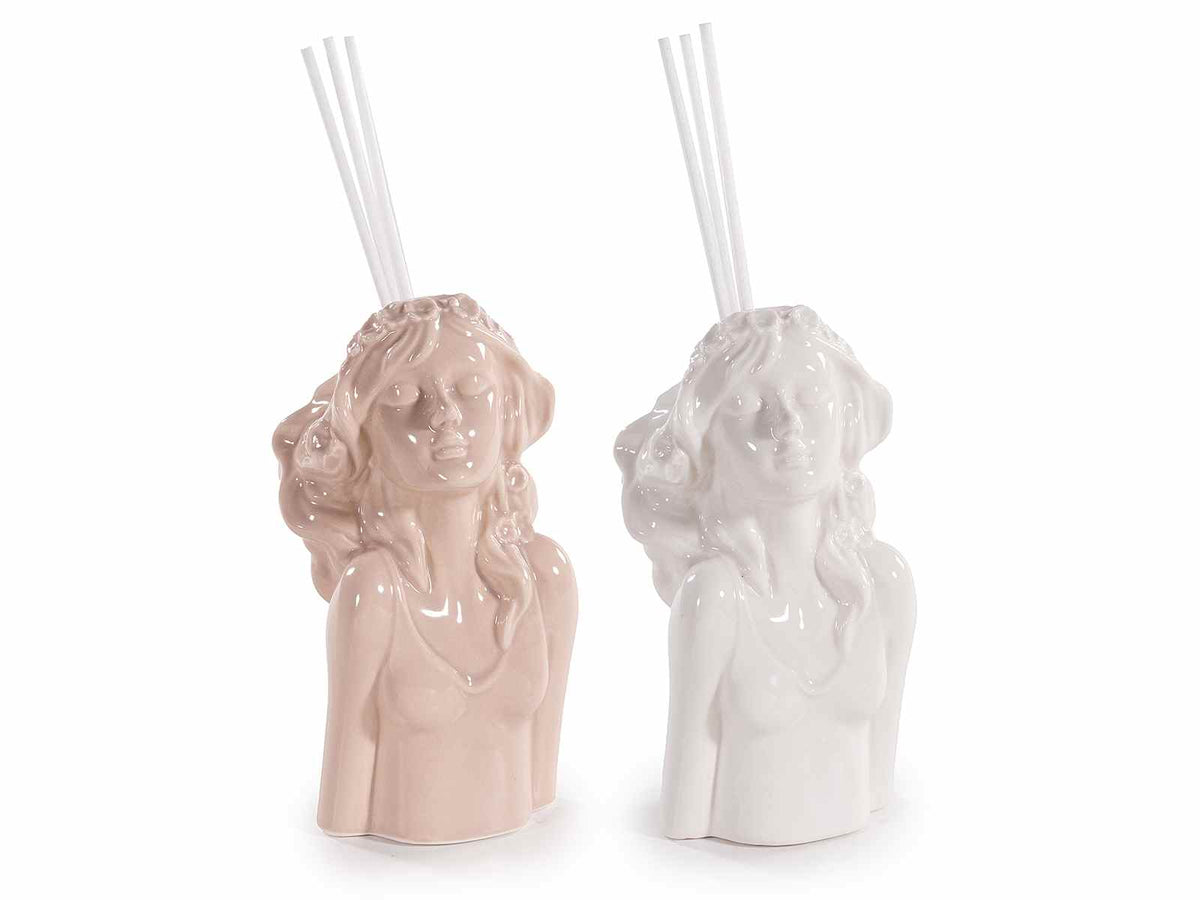 Profumatore a bustini di ragazza in porcellana lucida rosa e bianca con stick, set da 4 pezzi, cm 7x5,5x14 H (con stick 19)