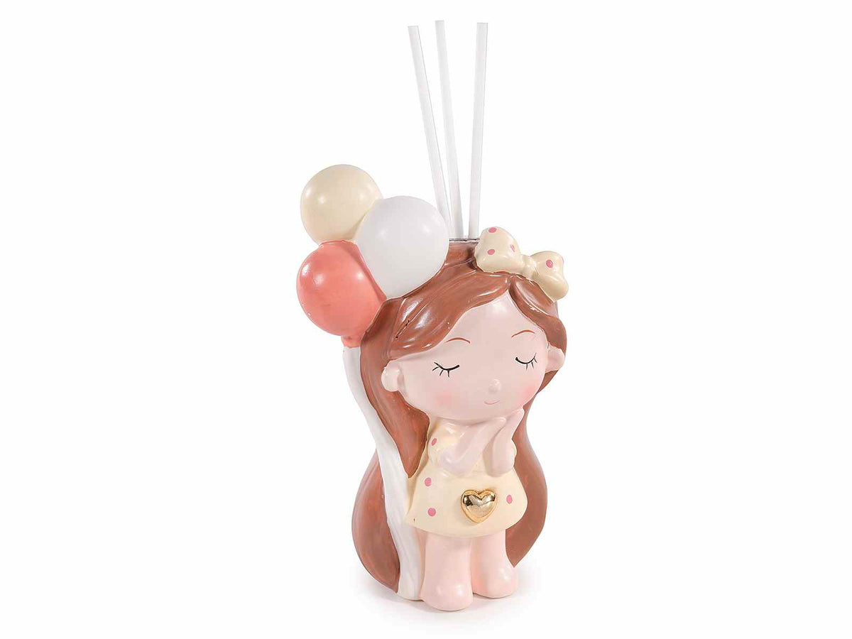 Bimbe in porcellana con palloncini colorati, cuore in simil oro, fiocchetto, set da 4 pezzi, cm 8x5,5x14 H (con stick 17)