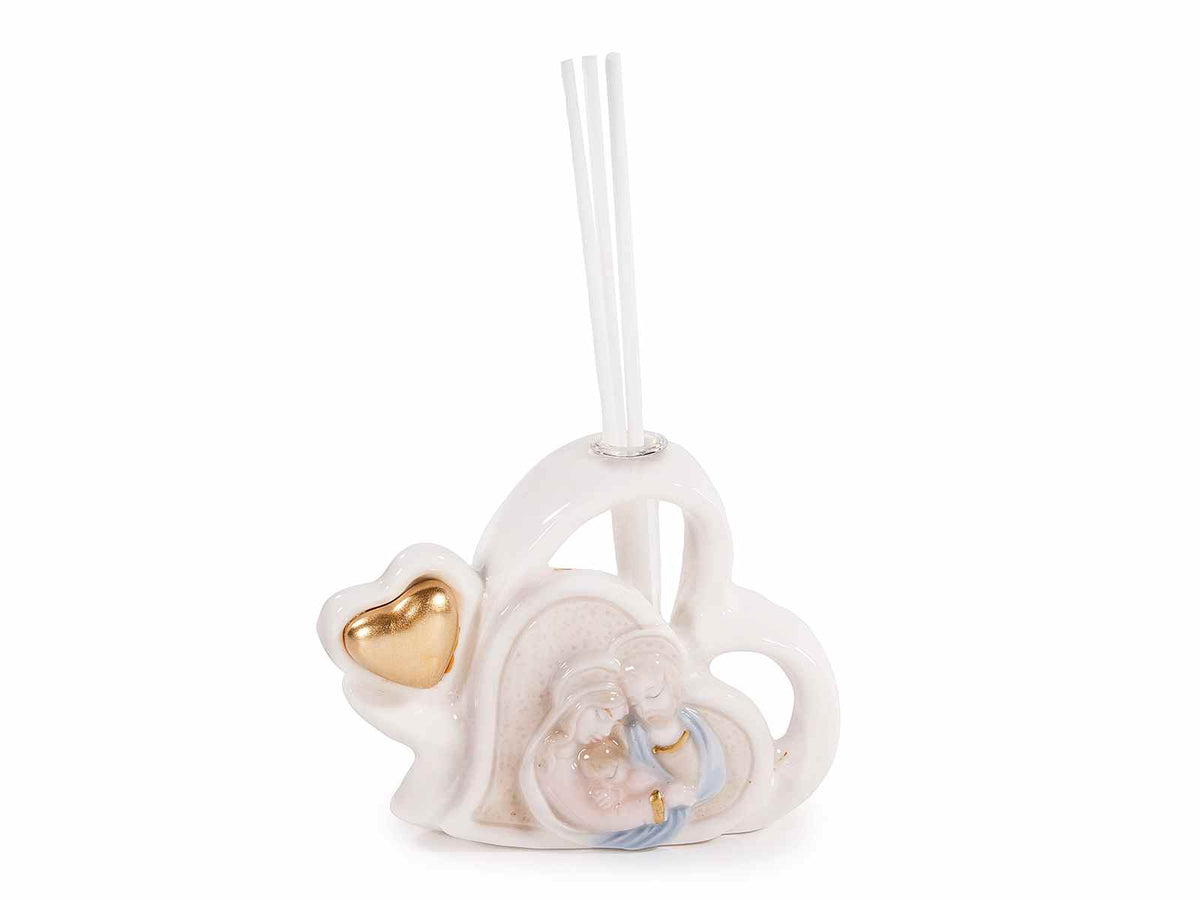 Cuore in porcellana con decori Sacra Famiglia con decori in oro e stick, set da 6 pezzi, cm 10,5x4x8 H (con stick15,5)