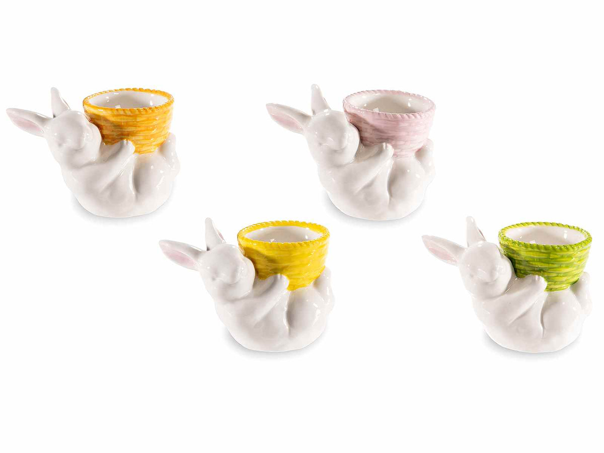 Coniglietti pasquali portauova alimentare in porcellana con cestino colorato, set da 4 pezzi, cm 10 x 6 x 7,5 H
