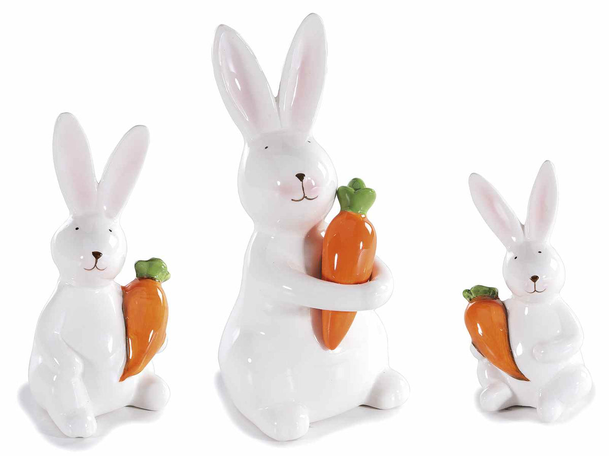 Coniglietti pasquali in porcellana lucida con carota colorata, set da 2 pezzi, Grande: cm 9,5x11,5x21 H