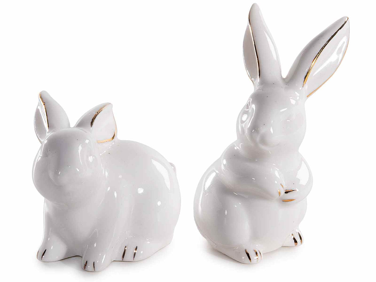 Coniglietti di Pasqua in porcellana lucida bianca con dettagli simil oro lucido, set da 8 pezzi, cm 5 x 5,5 x 8 H