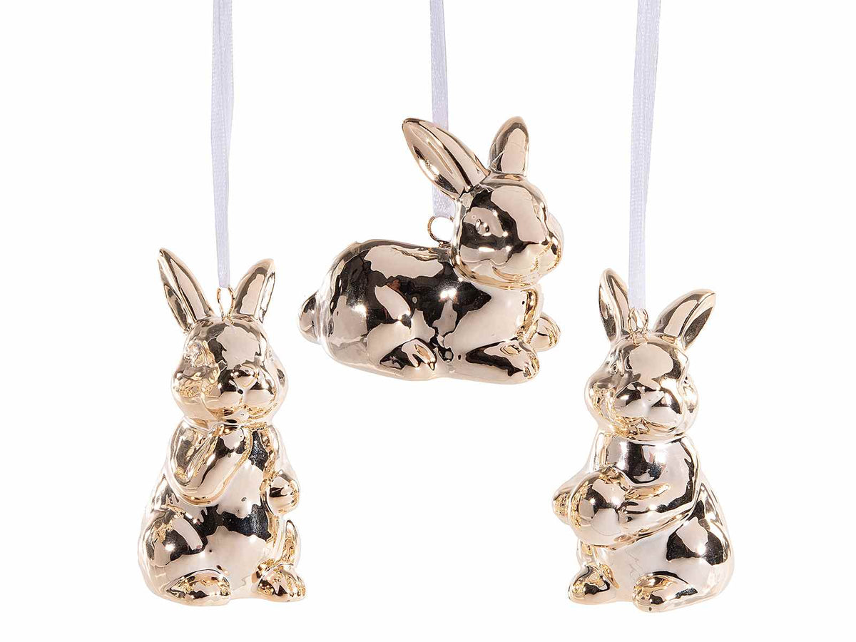 Coniglietti di Pasqua in porcellana in simil oro lucido da appendere, set da 12 pezzi, cm 3,5 x 4 x 7 H