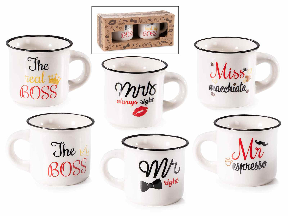 Tazzine da caffè in porcellana Mr / Mrs / Miss / Boss in confezione regalo da 2, set da 3 pezzi, Tazzina: Ø 6 cm x 5,5 H