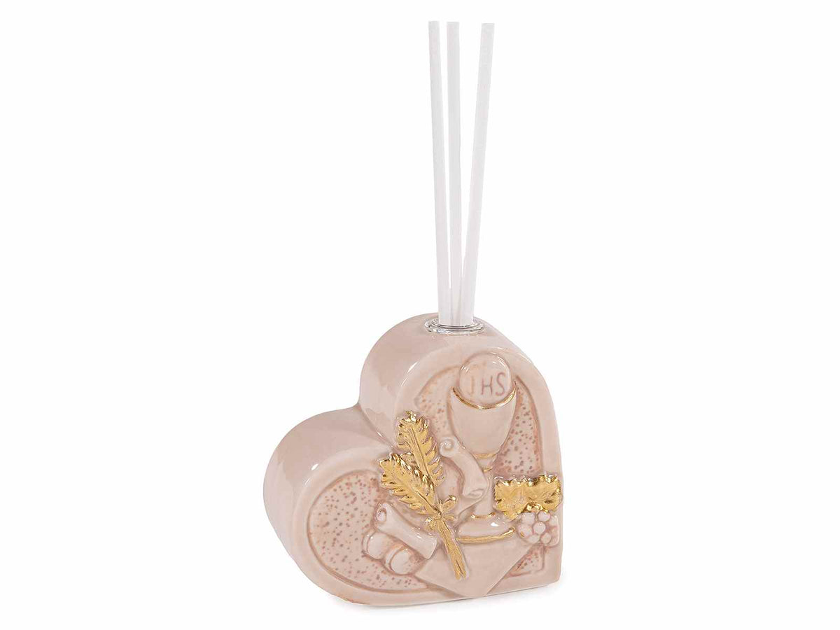 Profumatore bomboniera Comunione a cuore in porcellana con vasetto e stick, set da 6 pezzi, cm 7,5x3,5x7 H (con stick 15)