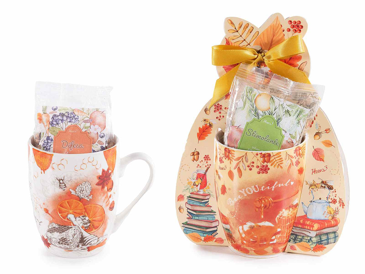 Tazze tema miele api in porcellana in confezione regalo con tisane da 40g, set da 6 pezzi, Tazza: Ø 8 cm x 10,5 H
