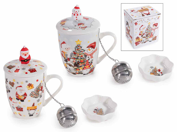 Tazze di Natale in porcellana con coperchio decorato con pupazzo di neve, set da 4 pezzi, Tazza: Ø 8,5 cm x 10,5 H