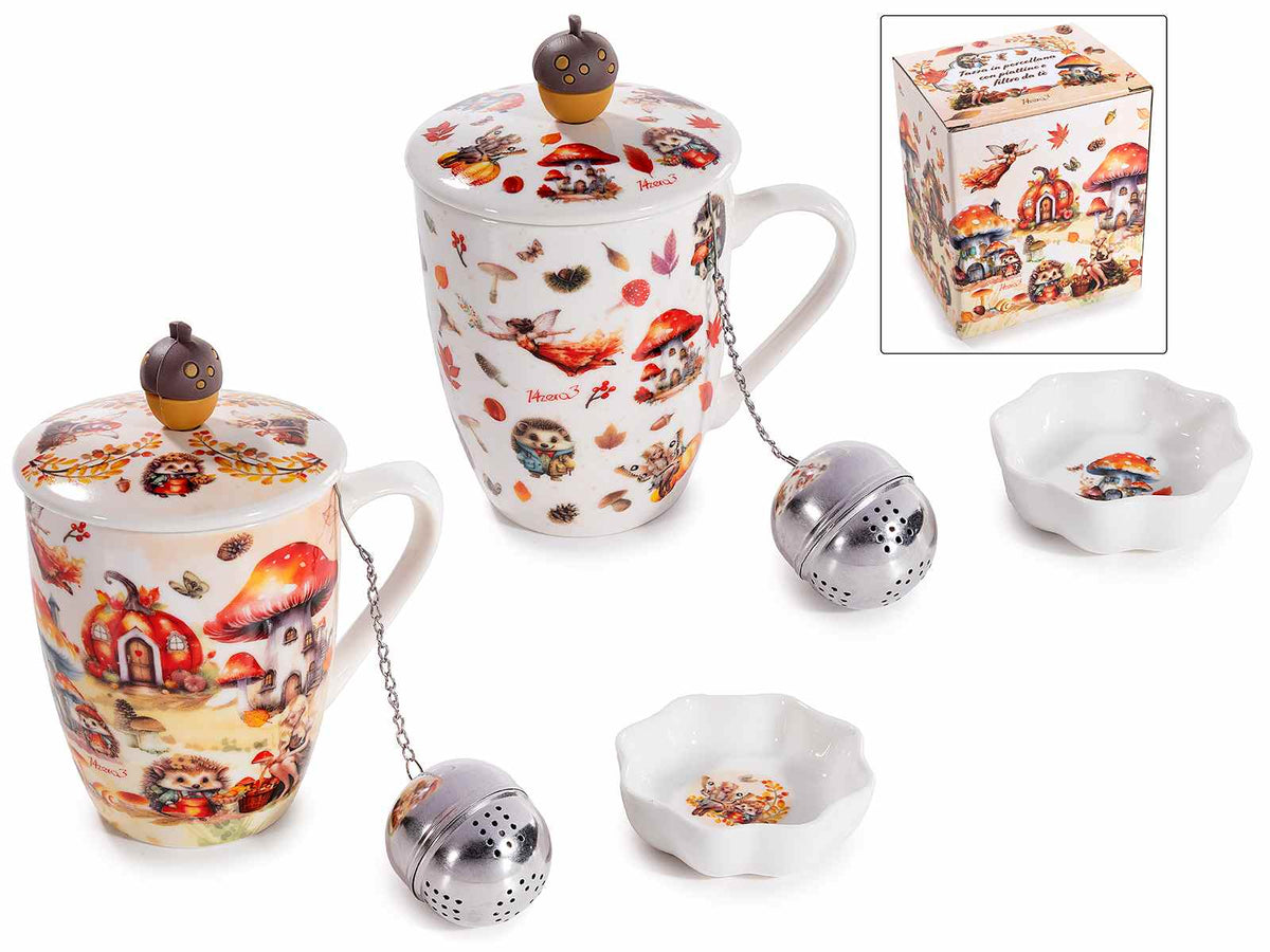 Tazze autunnali in porcellana con coperchio decorato con ghianda, filtro, set da 4 pezzi, Tazza: Ø 8 cm x 10,5 H