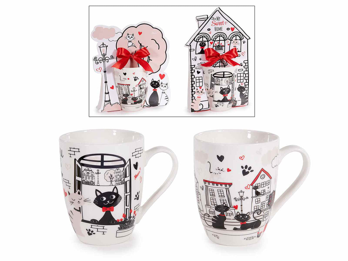 Tazze in porcellana decorata fantasia gatto con confezione regalo sagomato, set da 8 pezzi, Tazza: Ø 8 x 10,5 H