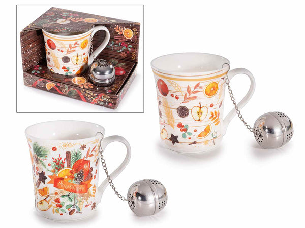 Tazze di Natale in porcellana fantasia dolcetti con infusore filtro in acciaio, set da 4 pezzi, Tazza: Ø 8,5 cm x 9 H