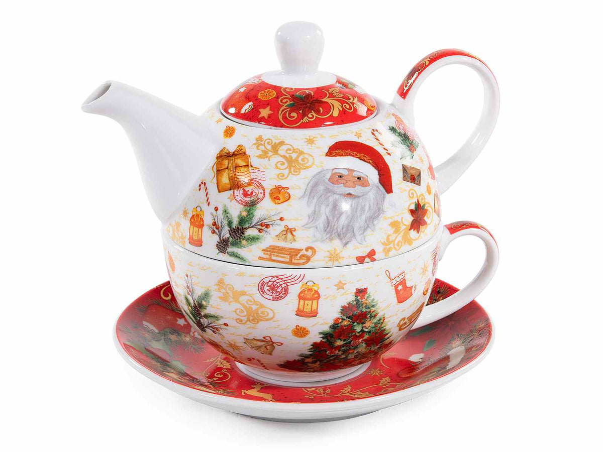 Set tazza e teiera di Natale in porcellana con piattino abbinato e stampe a tema, set da 2 pezzi, cm 16 x 10,5 x 13,5 H