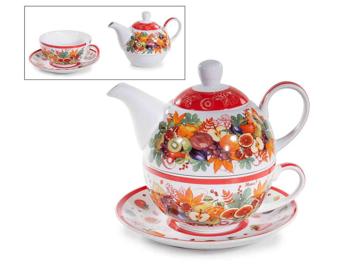 Set tazza e teiera con piattino realizzate in porcellana decorata con decori, set da 2 pezzi, cm 16 x 10,5 x 13,5 H