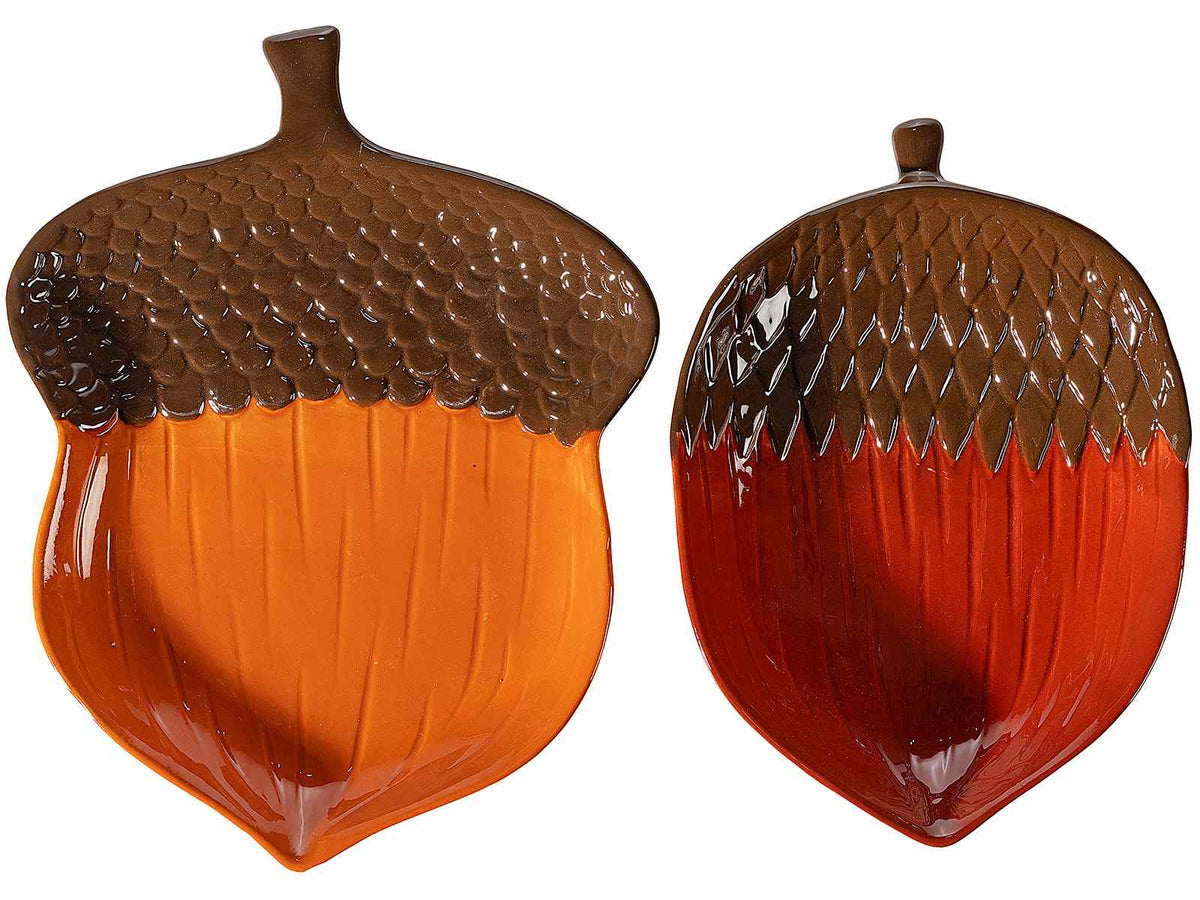 Piatti / vassoio autunnali in ceramica colorata a forma di ghianda con decori, set da 4 pezzi, cm 16,5 x 21,5 H