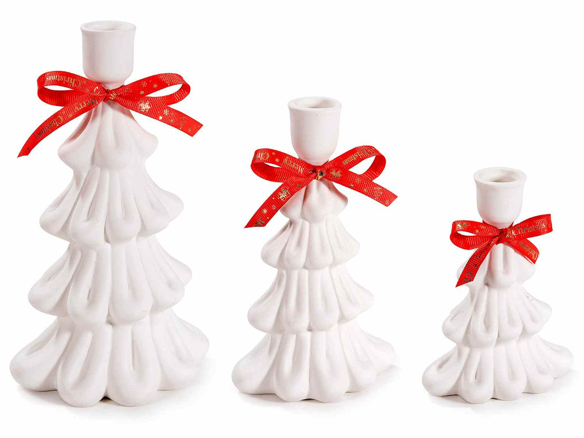 Portacandela di Natale ad albero con fiocchetto realizzato in porcellana opaca, Grande: cm12,5x8,5x21,5 H