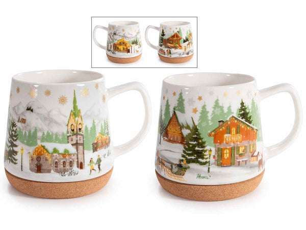 Tazze di Natale in porcellana con base in sughero con fantasia villaggio, set da 4 pezzi, Ø 11 cm x 11 H
