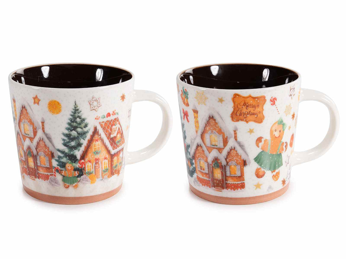 Set di 8 tazze di Natale in porcellana fantasia biscottini pan di zenzero con interno colorato, Ø 9,5 cm x 9 H