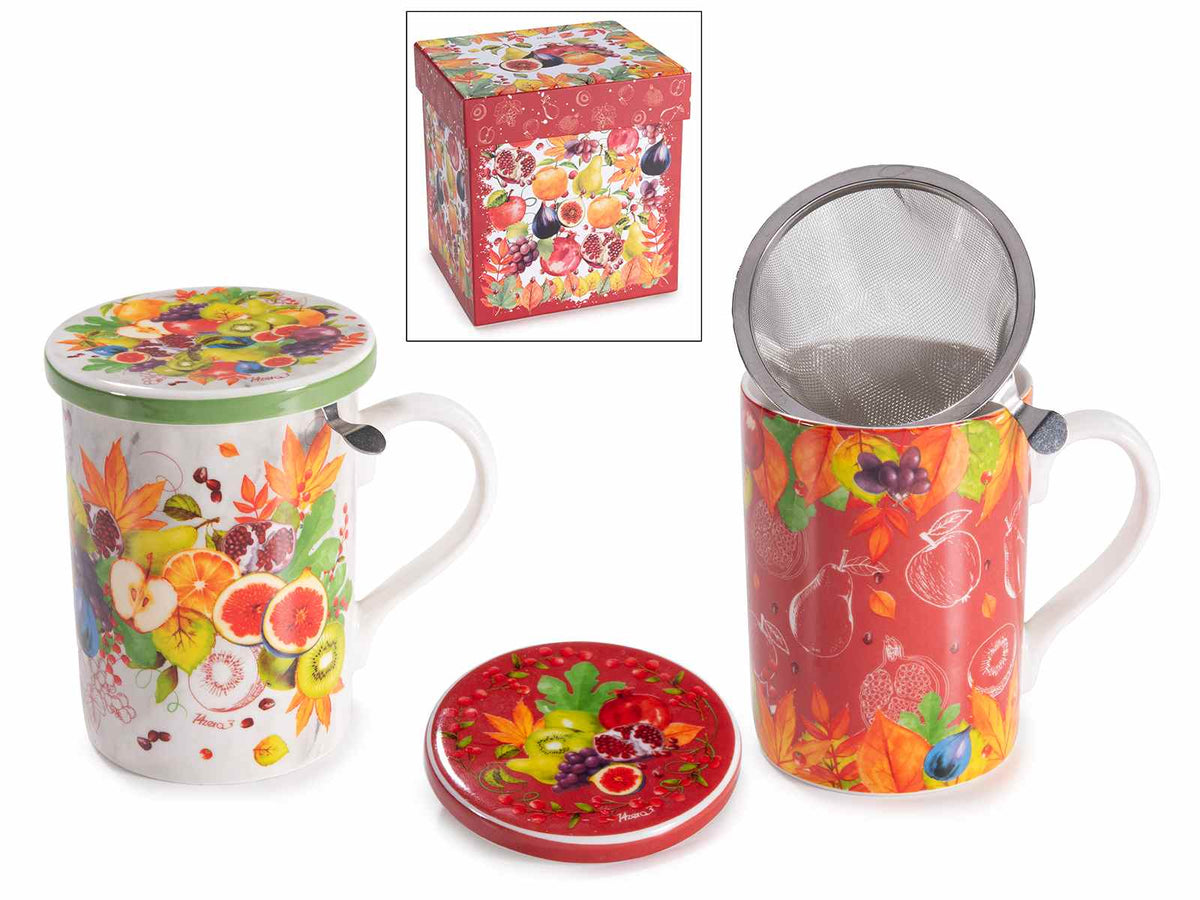Tazze tisaniera in porcellana decorata con frutti autunnali, coperchio e filtro, set da 4 pezzi, Tazza: Ø 8 x 10,5 H