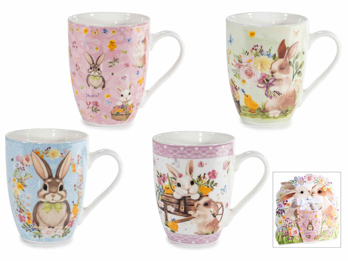 Tazze di Pasqua in porcellana con decori coniglietti e fiori, in confezione, set da 8 pezzi, Tazza: Ø 8 cm x 10,5 H