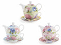 Set tazza, teiera e piattino in porcellana decorata con stampa ortensie, set da 3 pezzi, cm 16 x 10.5 x 14 H