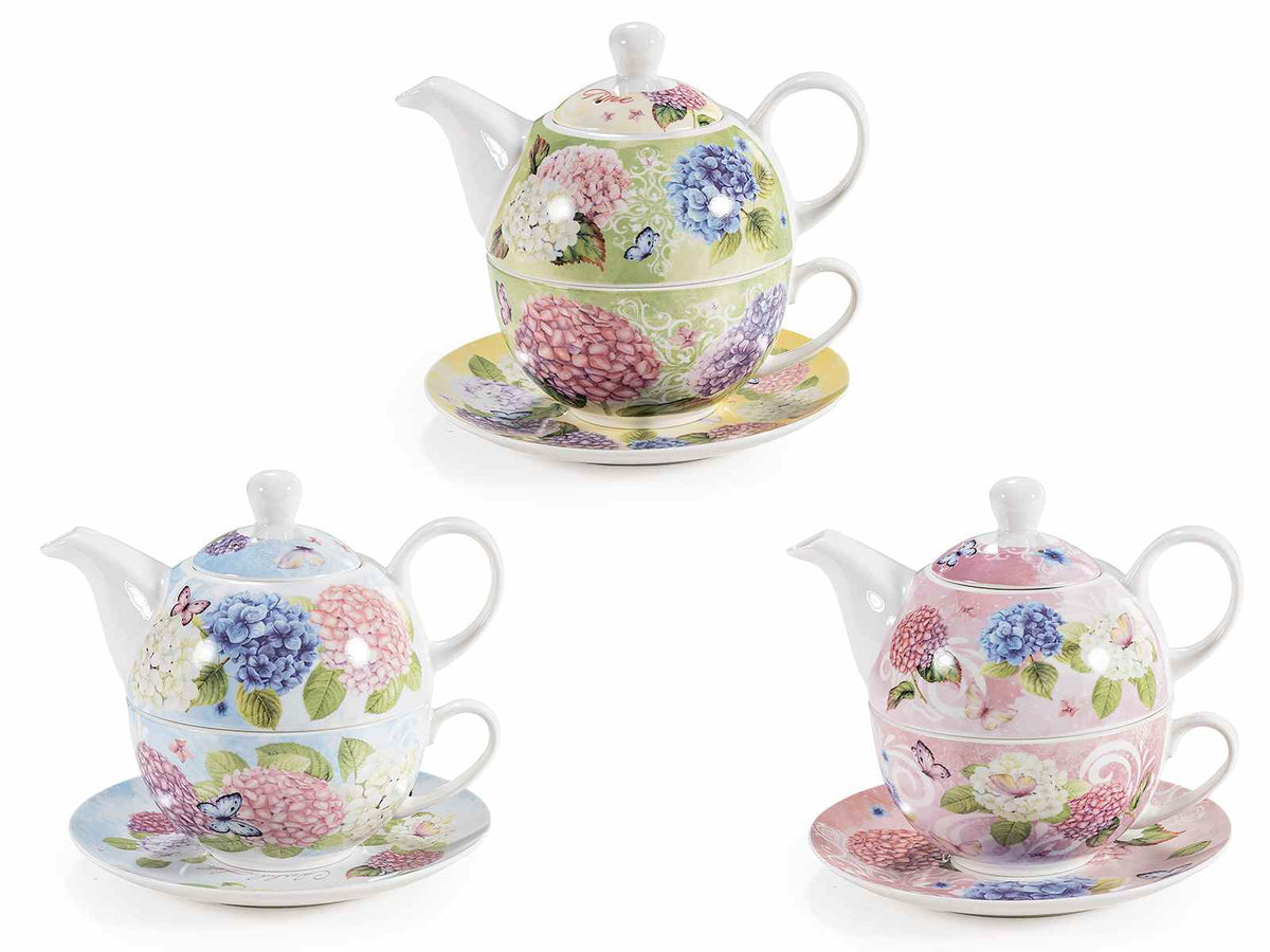 Set tazza, teiera e piattino in porcellana decorata con stampa ortensie, set da 3 pezzi, cm 16 x 10.5 x 14 H