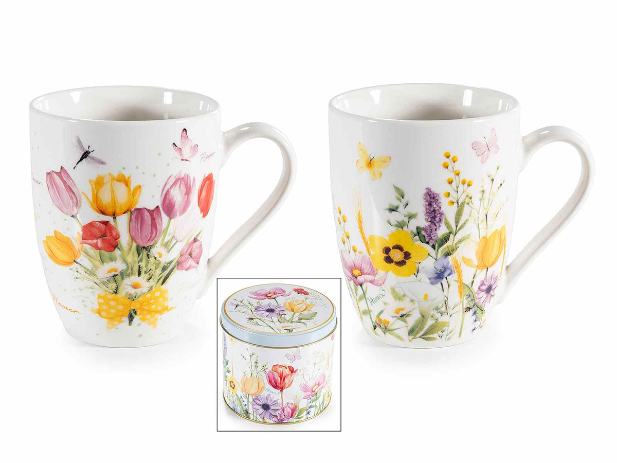 Tazze in porcellana con decori floreali in confezione regalo di metallo, set da 4 pezzi, Tazza: Ø 8 cm x 10,5 H