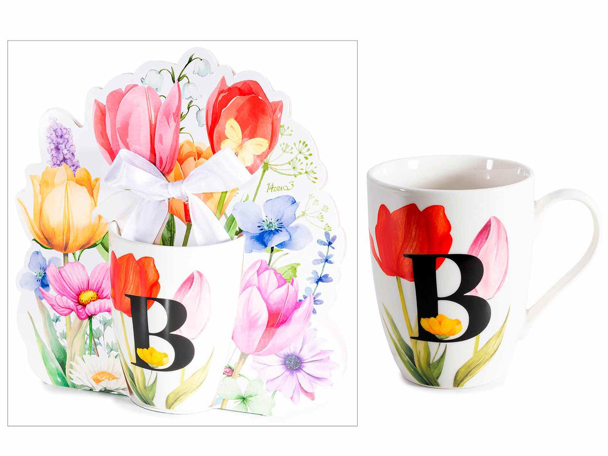 Tazze in porcellana con stampa floreale e lettera iniziale B in confezione, set da 3 pezzi, Tazza: Ø 8 cm x 10,5 H