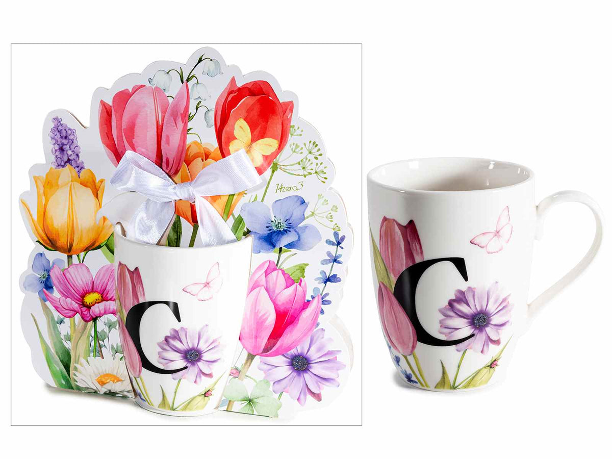 Tazze in porcellana con stampa floreale e lettera iniziale C in confezione, set da 3 pezzi, Tazza: Ø 8 cm x 10,5 H