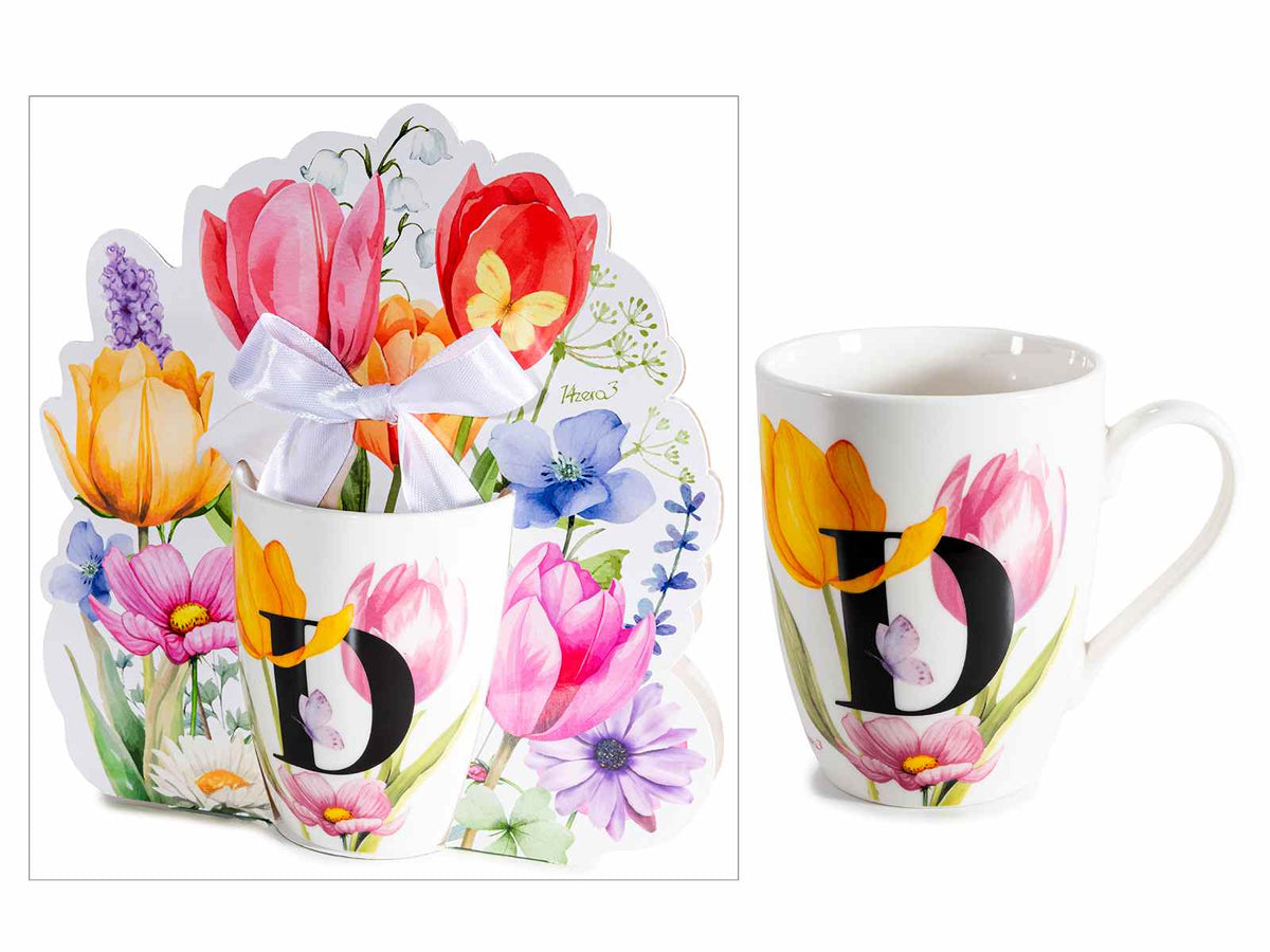 Tazze in porcellana con stampa floreale e lettera iniziale D in confezione, set da 3 pezzi, Tazza: Ø 8 cm x 10,5 H