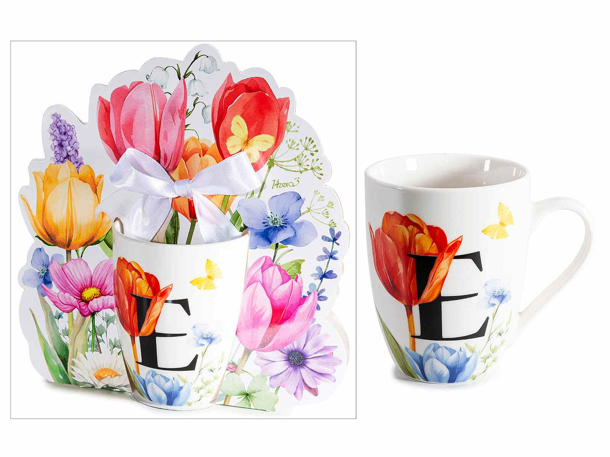 Tazze in porcellana con stampa floreale e lettera iniziale E in confezione, set da 3 pezzi, Tazza: Ø 8 cm x 10,5 H