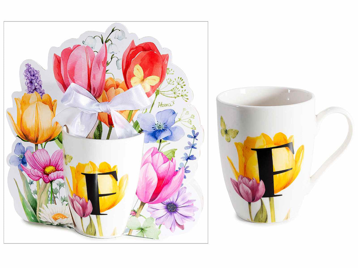 Tazze in porcellana con stampa floreale e lettera iniziale F in confezione, set da 3 pezzi, Tazza: Ø 8 cm x 10,5 H