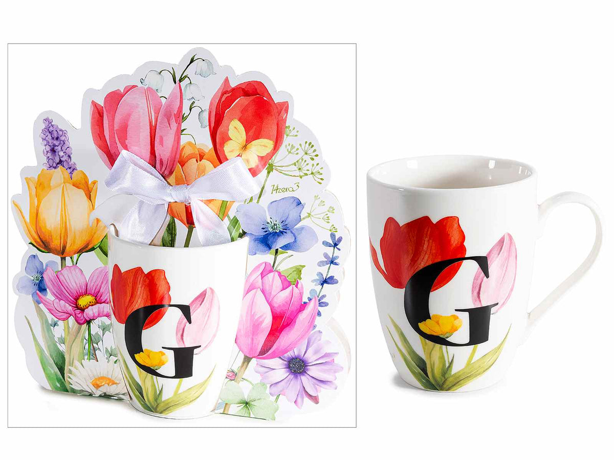 Tazze in porcellana con stampa floreale e lettera iniziale G in confezione, set da 3 pezzi, Tazza: Ø 8 cm x 10,5 H