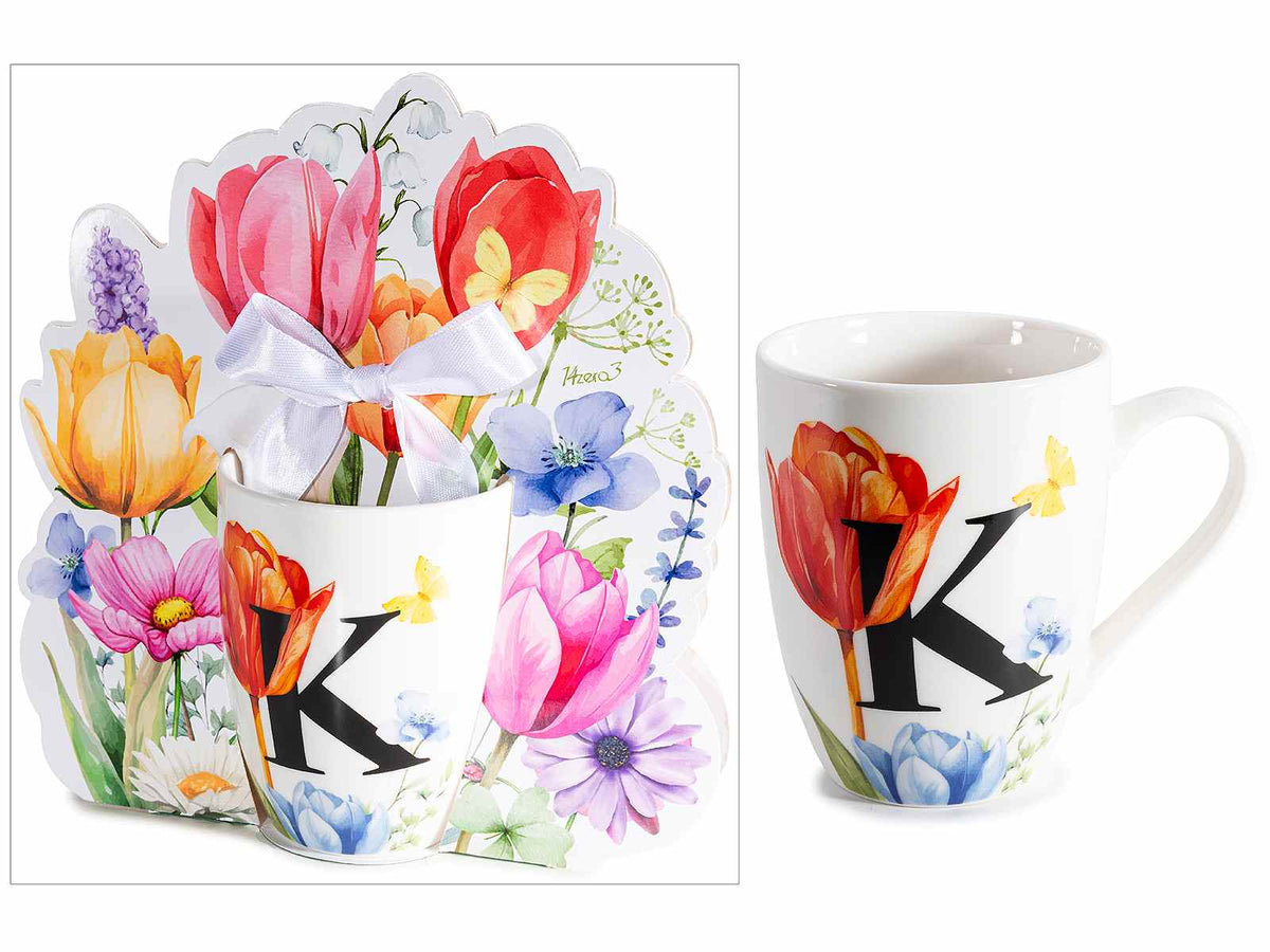 Tazze in porcellana con stampa floreale e lettera iniziale K in confezione, set da 3 pezzi, Tazza: Ø 8 cm x 10,5 H