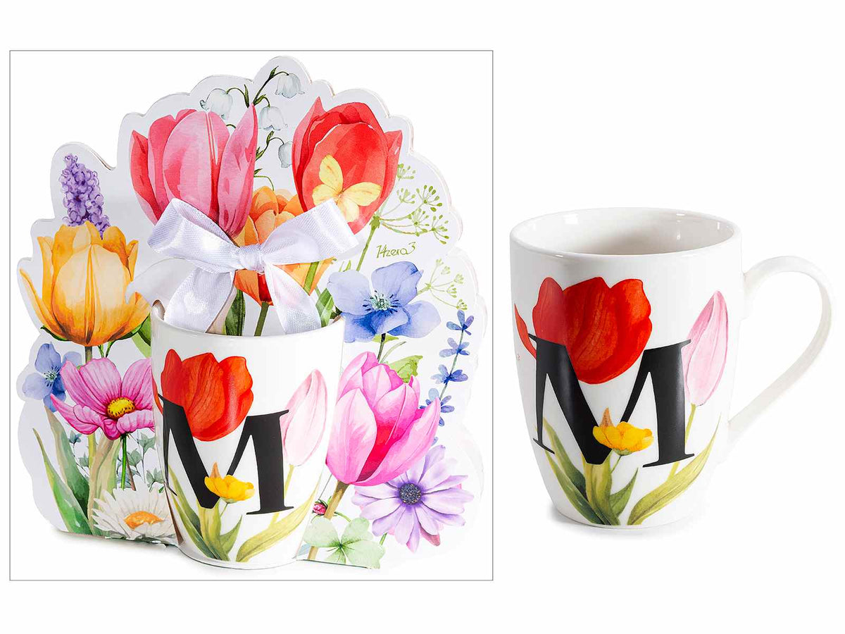 Tazze in porcellana con stampa floreale e lettera iniziale M in confezione, set da 3 pezzi, Tazza: Ø 8 cm x 10,5 H