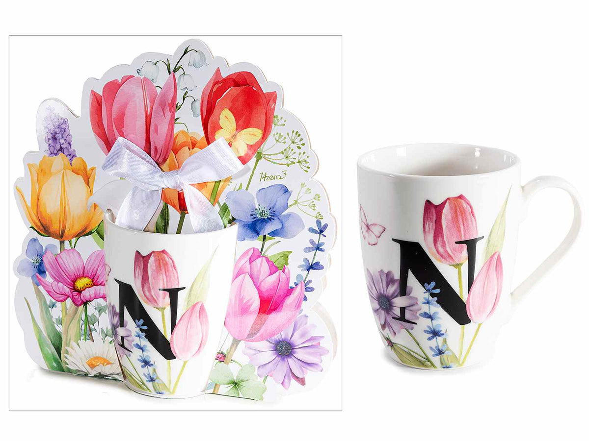 Tazze in porcellana con stampa floreale e lettera iniziale N in confezione, set da 3 pezzi, Tazza: Ø 8 cm x 10,5 H
