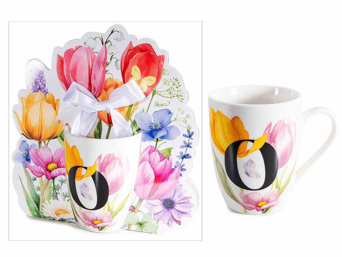 Tazze in porcellana con stampa floreale e lettera iniziale O in confezione, set da 3 pezzi, Tazza: Ø 8 cm x 10,5 H