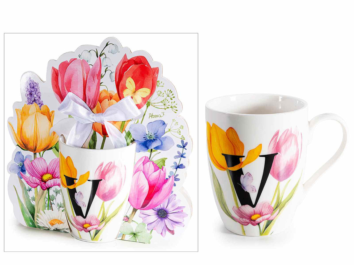 Tazze in porcellana con stampa floreale e lettera iniziale V in confezione, set da 3 pezzi, Tazza: Ø 8 cm x 10,5 H