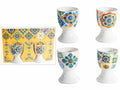 Portauovo in porcellana con decori maiolica in confezione regalo colorata, set da 8 pezzi, Ø 4,5 cm x 7 H