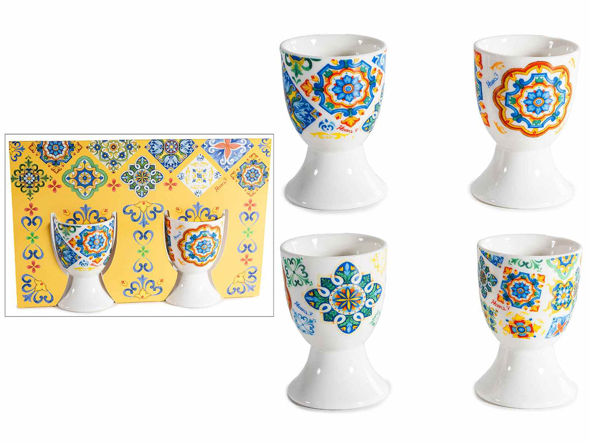 Portauovo in porcellana con decori maiolica in confezione regalo colorata, set da 8 pezzi, Ø 4,5 cm x 7 H