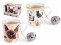 Tazze in porcellana con decori gatti e filtro in metallo in confezione regalo, set da 4 pezzi, Tazza: Ø 8,5 x 9 H