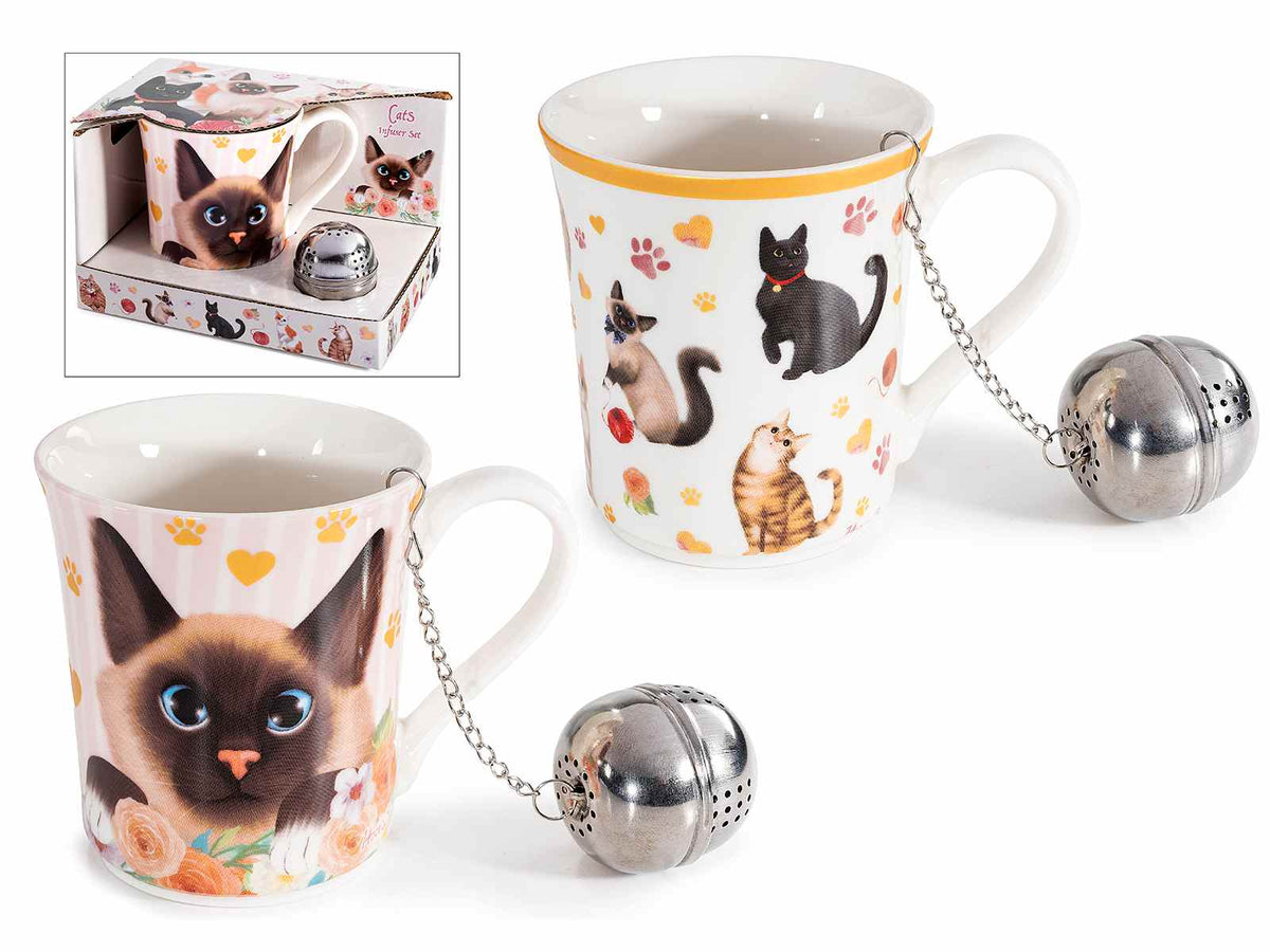 Tazze in porcellana con decori gatti e filtro in metallo in confezione regalo, set da 4 pezzi, Tazza: Ø 8,5 x 9 H