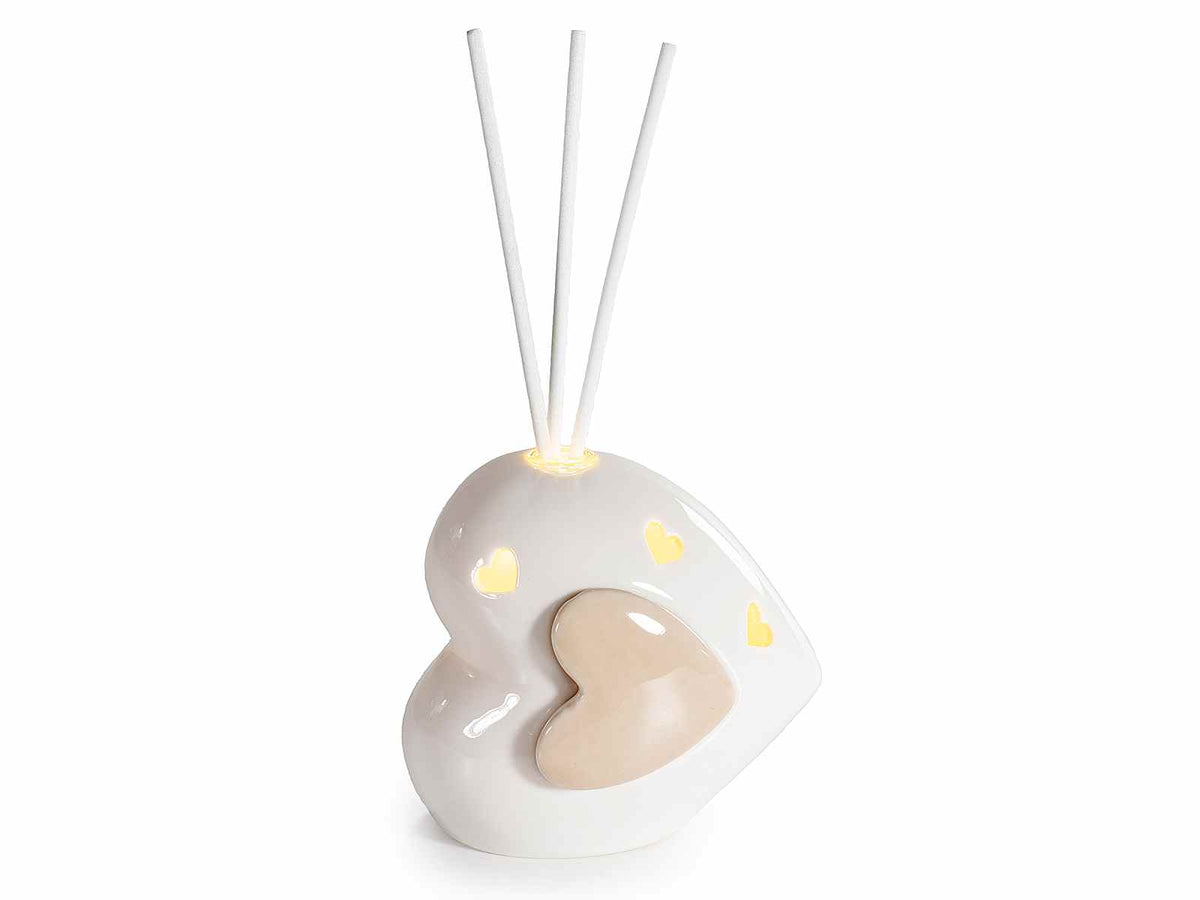 Cuori in porcellana con luce e stick per profumare, set da 6 pezzi, cm9,5x6,5x8,5H (con stick18)