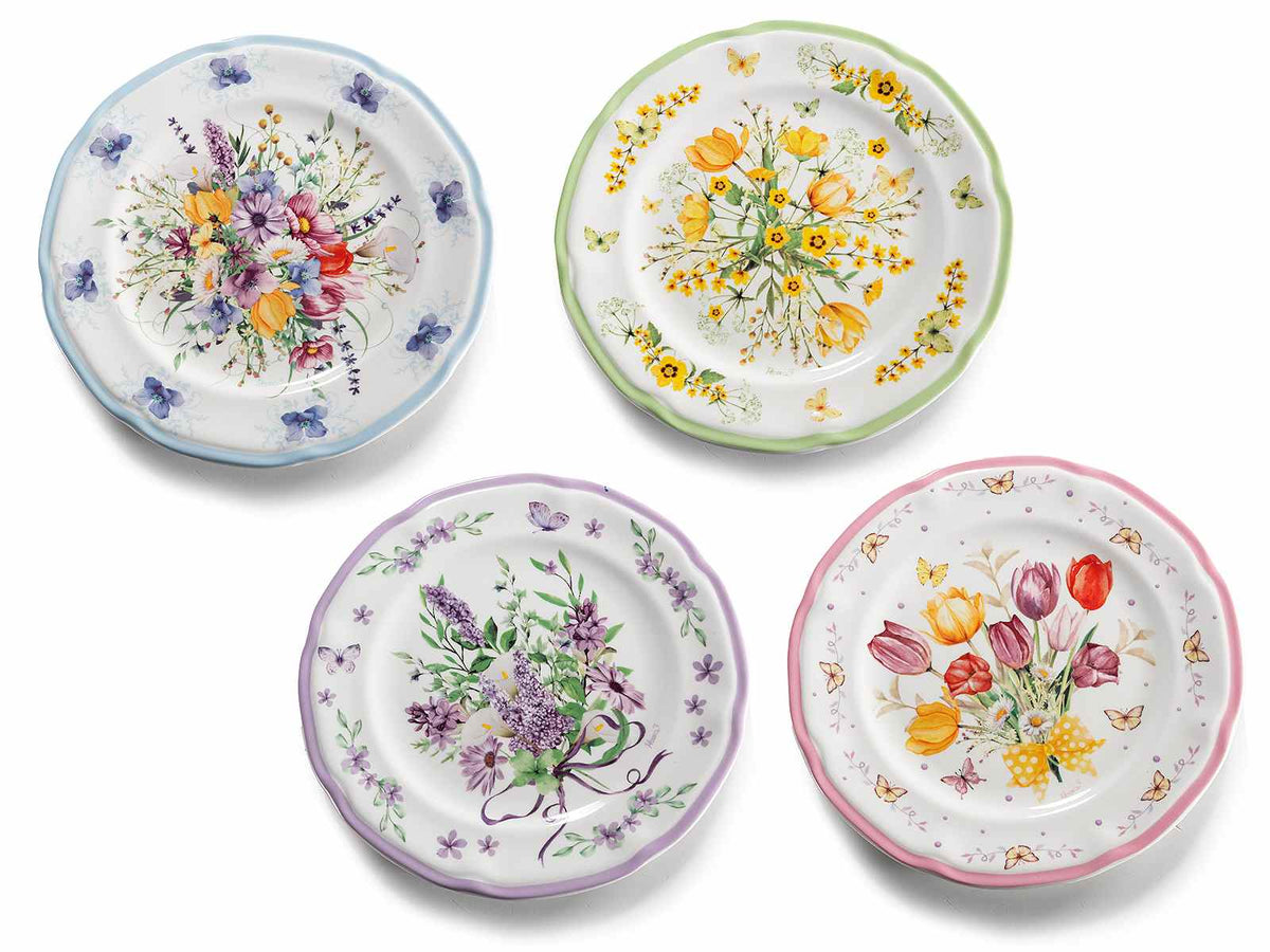 Piatti adatta al contatto alimentare in porcellana con decori floreali colorati, set da 8 pezzi, Ø 20 cm