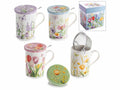 Tazze tisaniera in porcellana con filtro acciaio e coperchio design fiori, set da 4 pezzi, Tazza: Ø 8 x 10,5 H