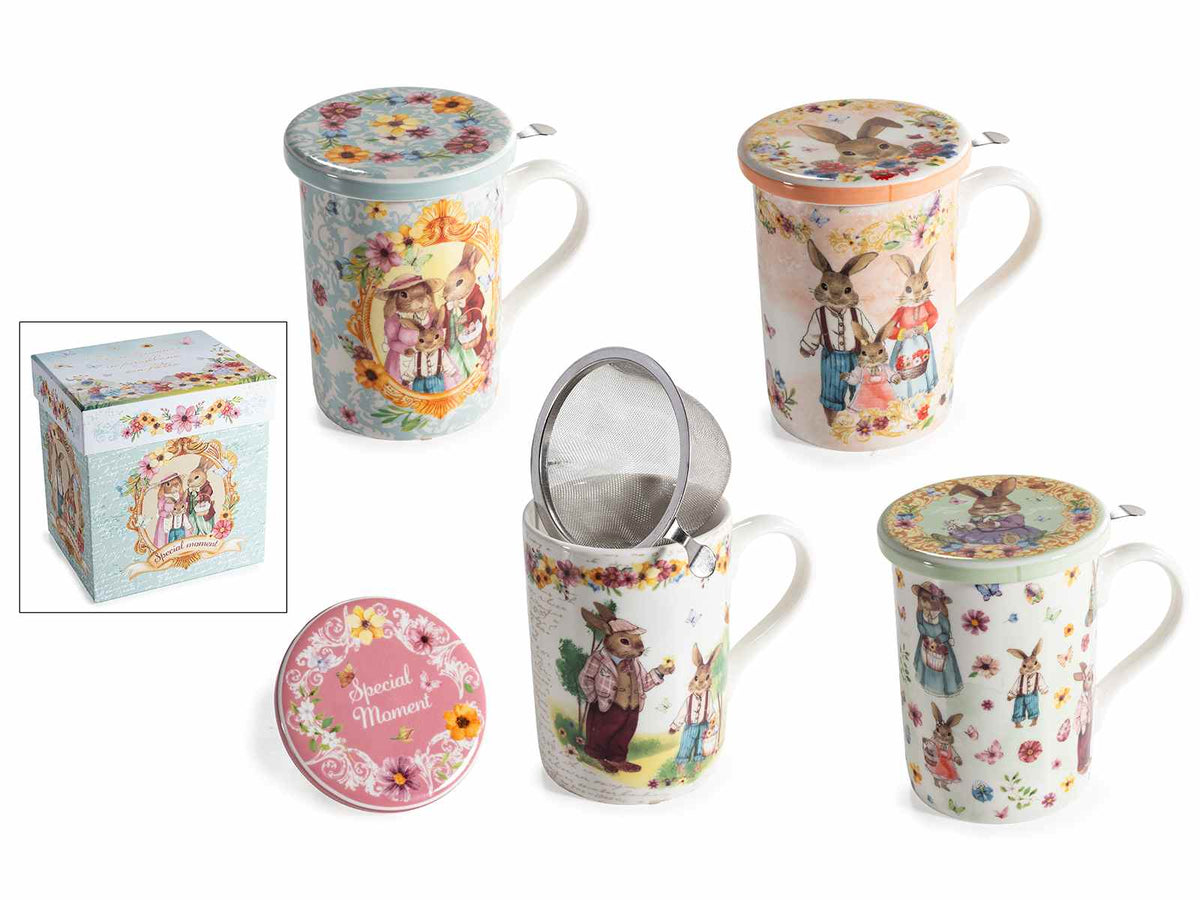 Tazza tisaniera in porcellana con decori conigli pasquali in confezione regalo, set da 4 pezzi, Tazza: Ø 8 cm x 10,5 H