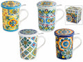 Tazze tisaniera in porcellana con filtro acciaio e coperchio design maiolica, set da 4 pezzi, Tazza: Ø 8 x 10,5 H