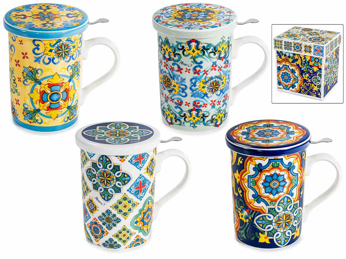 Tazze tisaniera in porcellana con filtro acciaio e coperchio design maiolica, set da 4 pezzi, Tazza: Ø 8 x 10,5 H