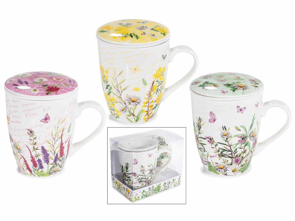 Tazze tisaniera con filtro in porcellana e stampa fiori in confezione regalo, set da 3 pezzi, Tazza: Ø 8,5 cm x 11 H