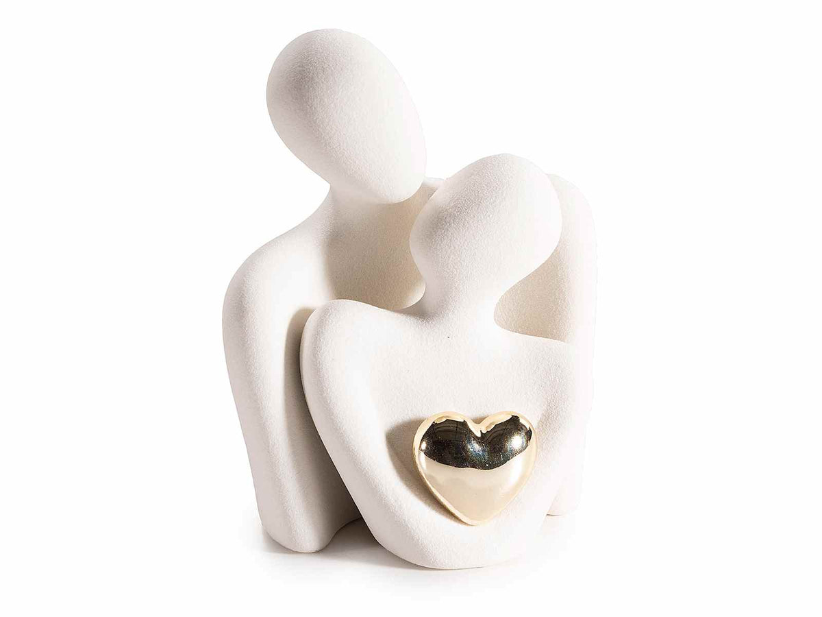 Coppia di innamorati in porcellana con cuore dorato, ideale per bomboniere nozze, set da 4 pezzi, cm 9,5 x 7 x 12 H