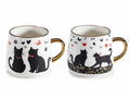 Tazze in porcellana con gatti e manico e dettagli dorati, set da 6 pezzi, Ø 10 cm x 9 H