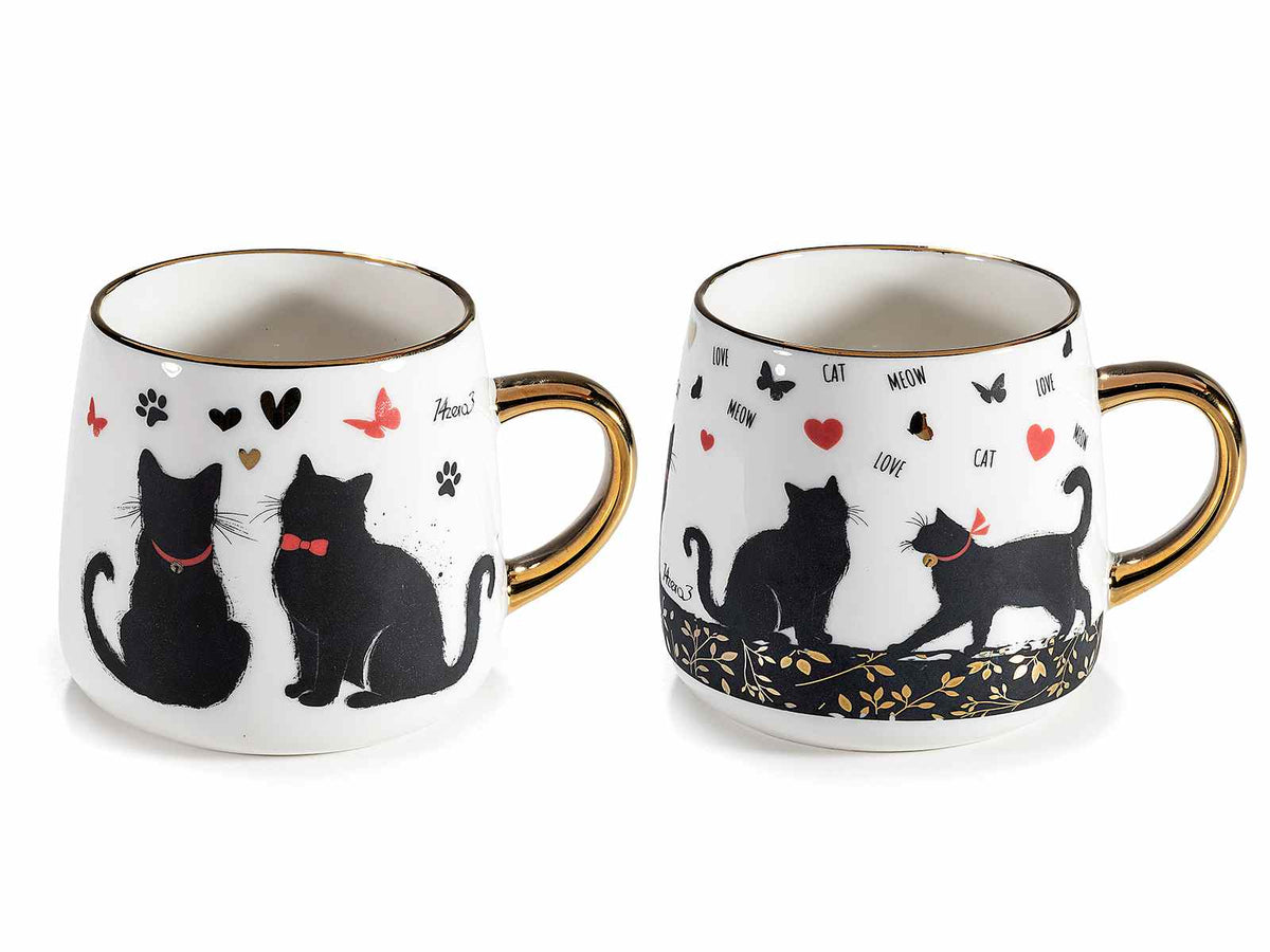 Tazze in porcellana con gatti e manico e dettagli dorati, set da 6 pezzi, Ø 10 cm x 9 H